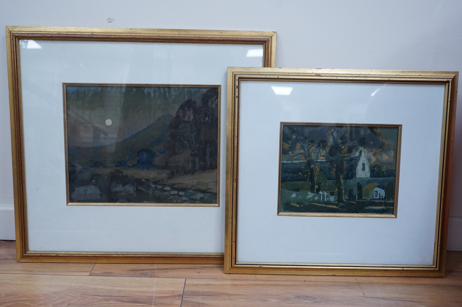 Sydney Carter (South-African, 1874-1945), two gouaches, Landscape and town scene, each signed, largest, 28 x 36cm. Condition - good